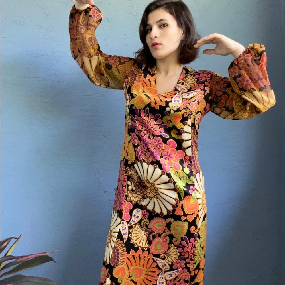 70s Retro Psychedelic Print Floral Maxi Dress - Picture 2 of 8